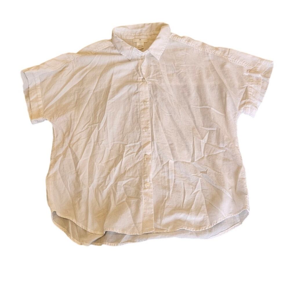 H&M L.O.G.G. White Cotton Button Up Shirt Womens Size 8 Short Sleeve Boxy